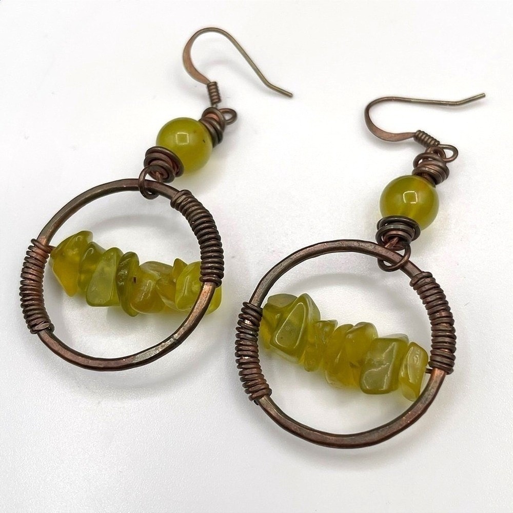 Vintage Handcrafted Yellow Chip Bead Copper Hoop Earrings Boho Artisan 90s Style